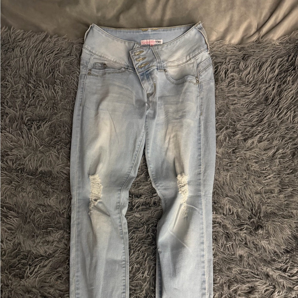 YMI Light Blue Skinny Jeans with Knee Distressing
